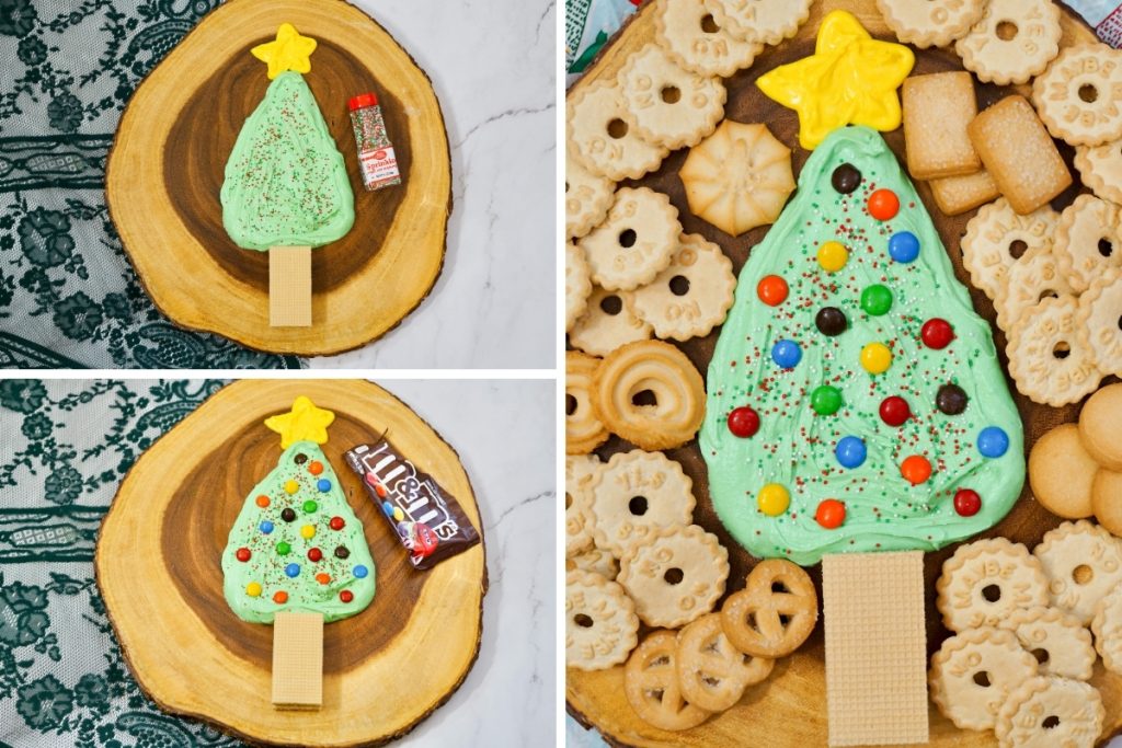 Process image for making frosting dip Christmas tree - add sprinkles and M&M candies as ornaments. Spread the cookies and other dunkables around the tree then serve.