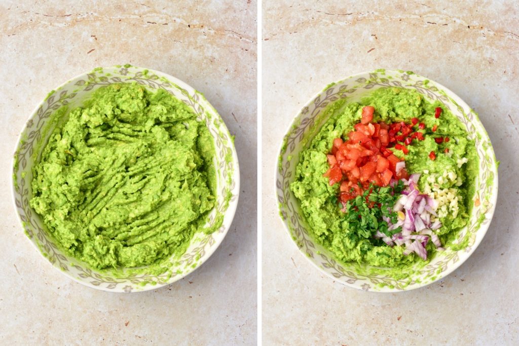 process teps adding ingredients to smashed avocado to make guacamole