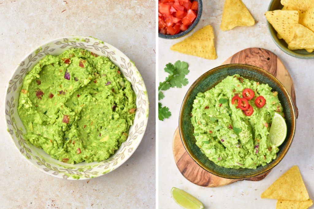 final steps for making guacamole with suggested presentation with tortilla chips