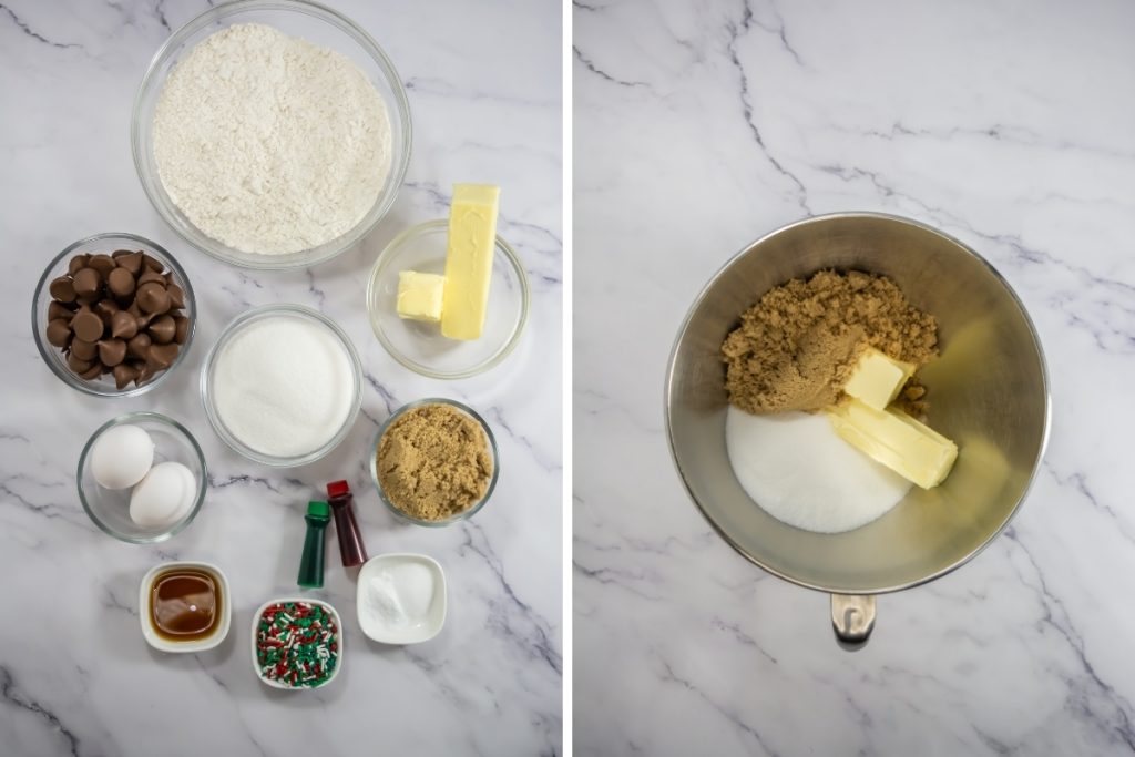 Ingredients and process image for making holiday blossoms - combine the softened butter, sugar and brown sugar