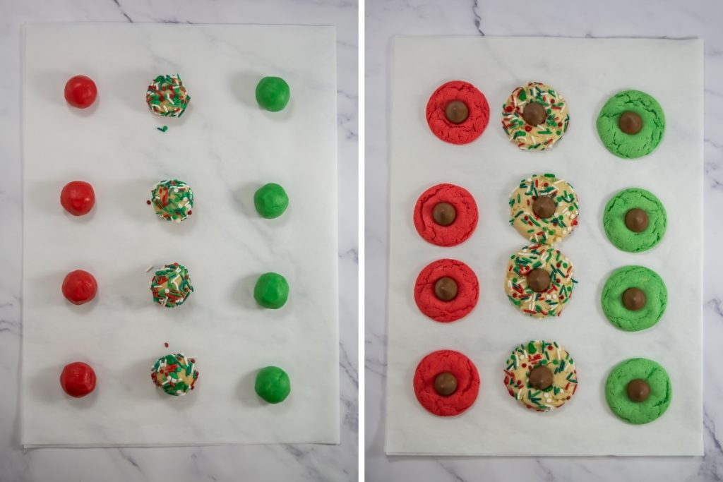 Process image for making holiday blossoms - scoop and roll the dough into balls. Roll white balls into the sprinkles. Place balls in parchment paper then bake. Top with a Hershey’s Kiss and serve.