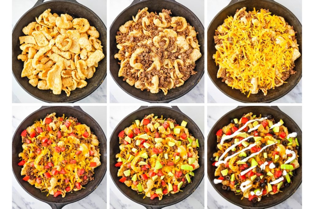 6 different stepped photos for making an iron skillet pork rind nachos dish