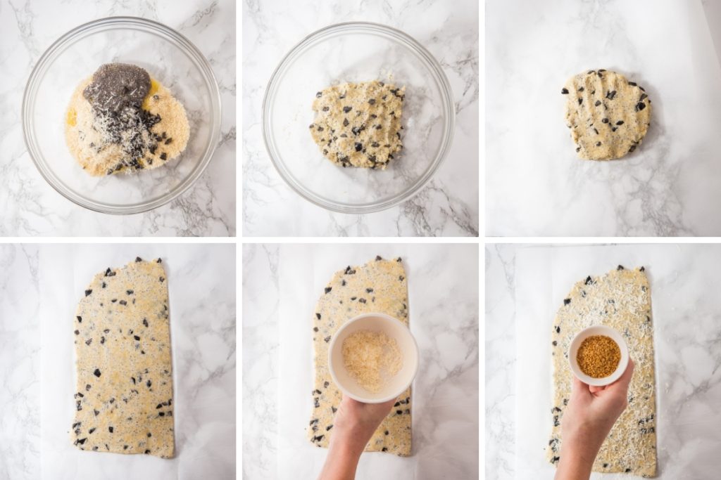 Process image for making keto crackers - preparing, rolling out and decorating the dough