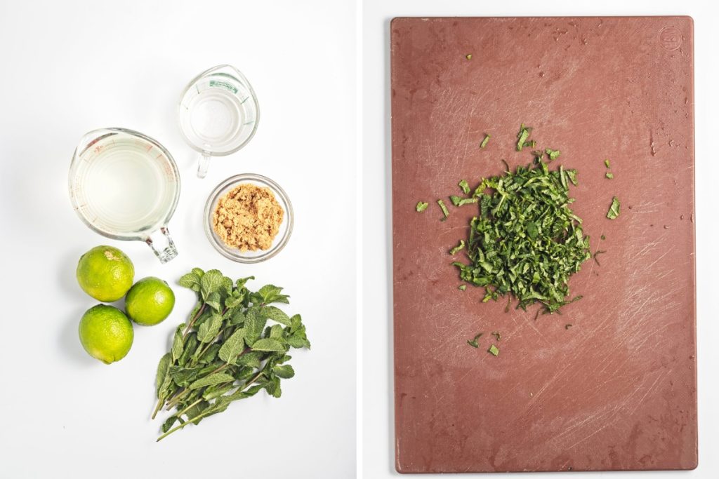 ingredients gathered and shoooping process in the step by step guide to making mojito popsicles