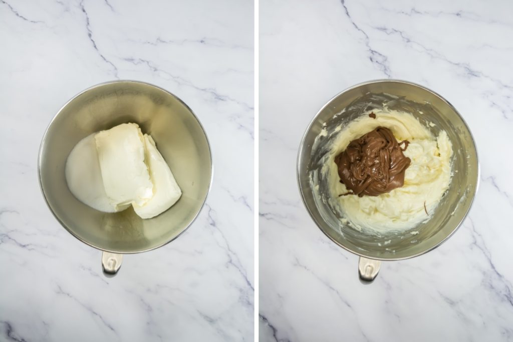 Process image for making no-bake Nutella Mini Cheesecakes showing the butter and sugar being added and the nutella mixture in a blending bowl