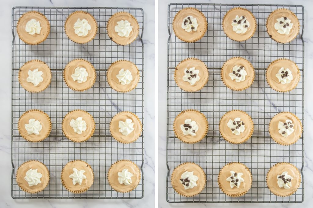 Process image for making no-bake Nutella Mini Cheesecakes - finish with whipped cream topping and chocolate chips