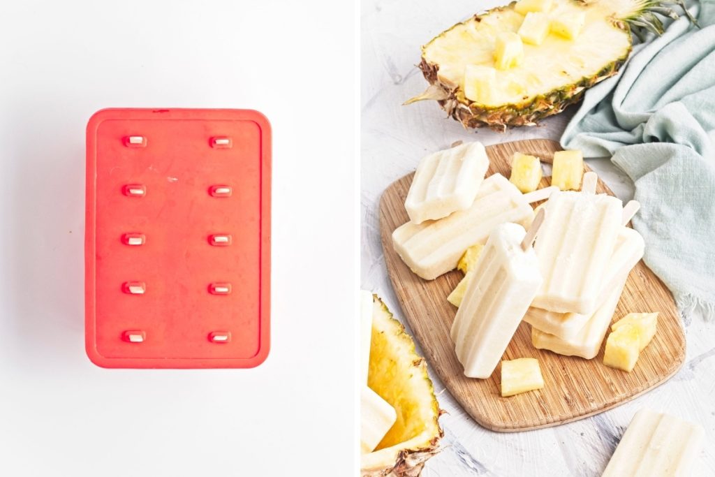 process steps for making pina colada popsicles and the final result, a stack of popsicles arranged around a pineapple