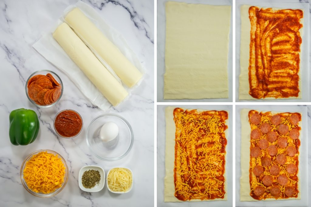 ingredients for making pizza pinwheels with step by step process shown with pastry rolled out on kitchen bench and toppings being added