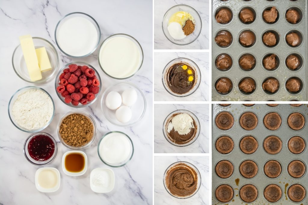 Ingredients and process image for making raspberry mousse brownie base