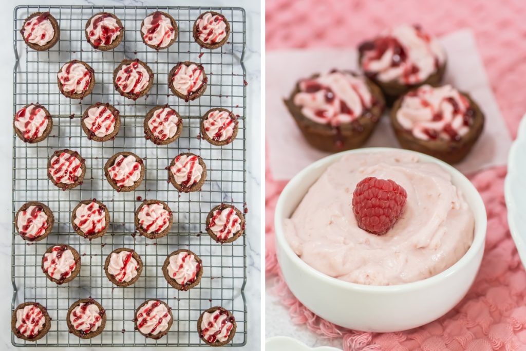 process image for making raspberry mousse brownie showing brownie bites with raspberry drizzle