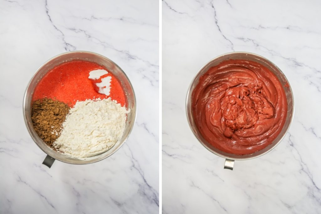 Process images for making red velvet cupcakes showing steps to making cupcake batter