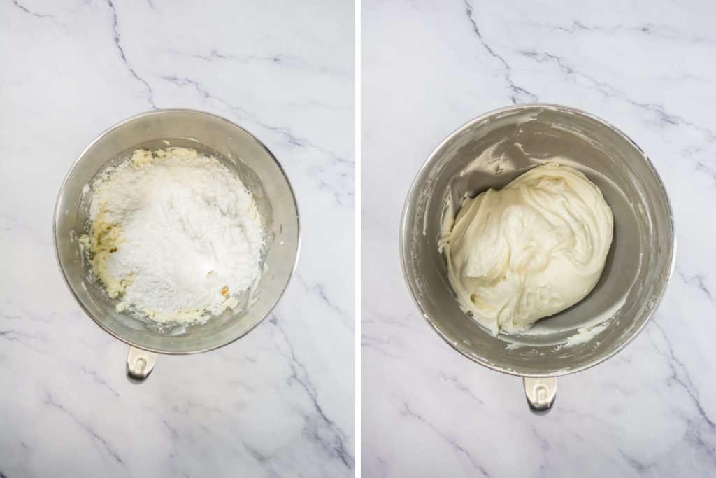Process images for making red velvet cupcakes showing steps for the frosting