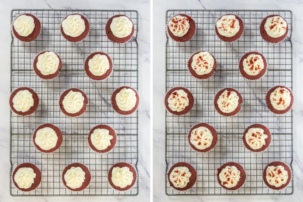 Process images for making red velvet cupcakes - adding whipped topping and sprinkled crumbs on top