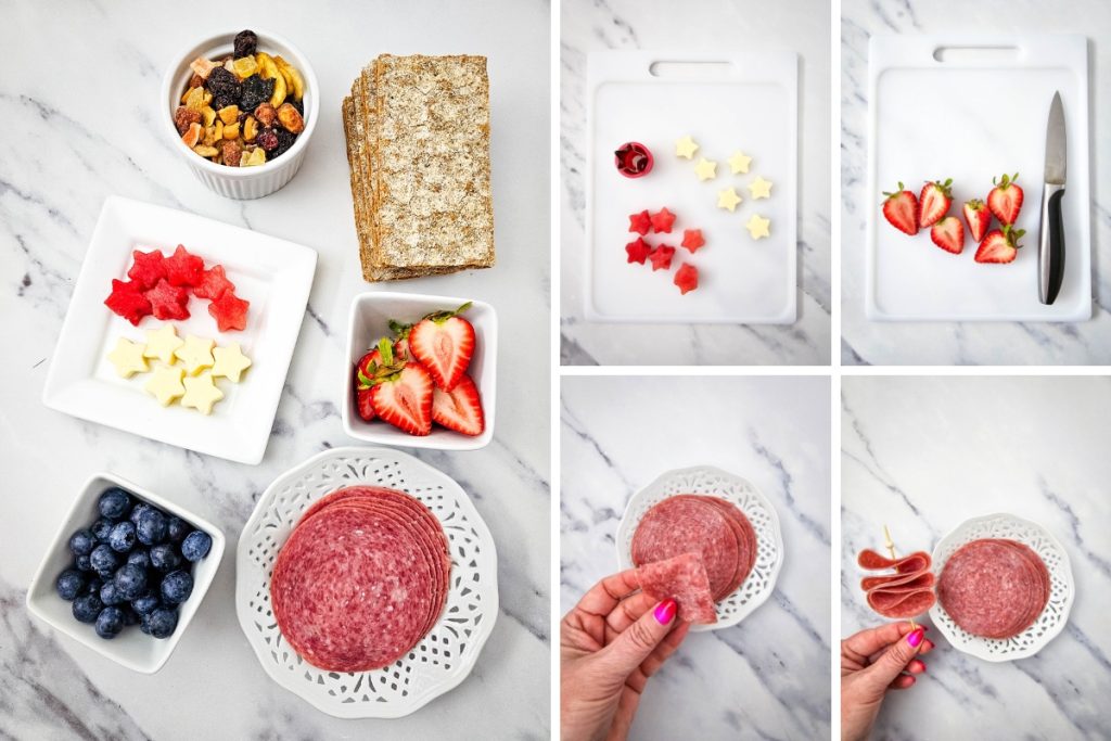 Ingredients and process image for making Red White & Blue Charcuterie Cups - cutting and preparing the fruits, cheese and meat