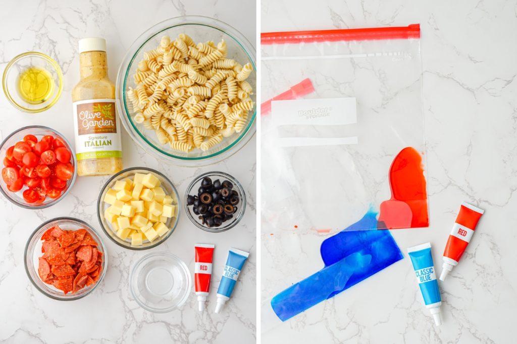 Ingredients and process image for making red white and blue pasta salad - put blue and red food coloring in Ziploc bags