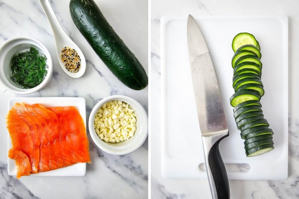 Ingredients and process image for making salmon cucumber bites - slicing the cucumber