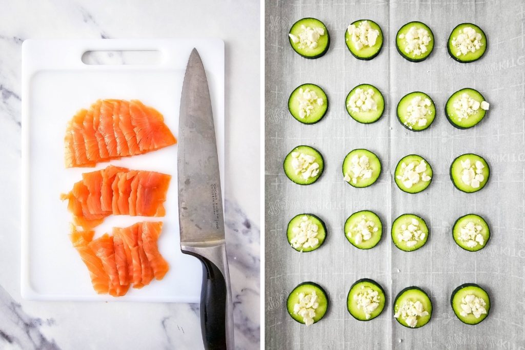Process image for making salmon cucumber bites - cut the salmon and top each cucumber slice with feta cheese