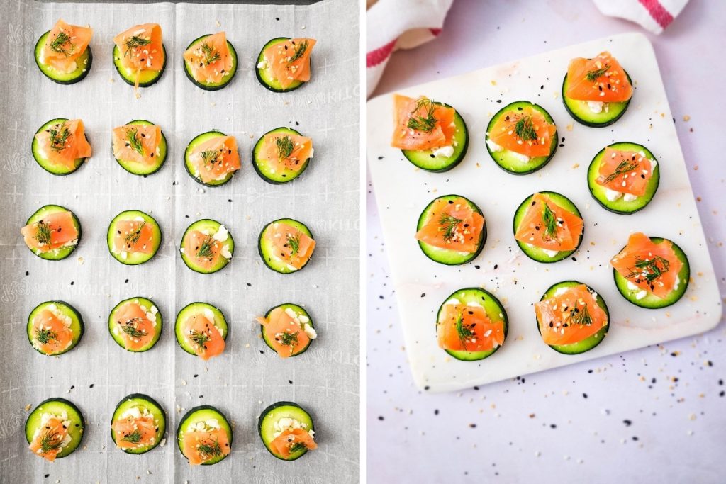 Process image for making salmon cucumber bites - add sprig of fresh dill on top then serve