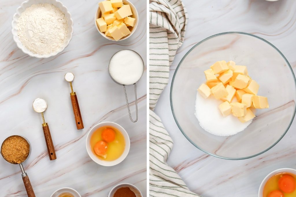 Ingredients and process image for making snickerdoodle bars - combine butter and sugar in a mixing bowl
