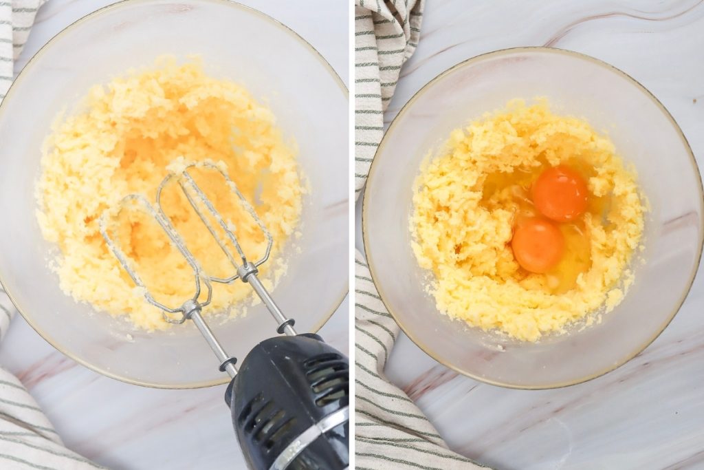 Process image for making snickerdoodle bars - beat butter and sugar until light and fluffy then add egg and vanilla