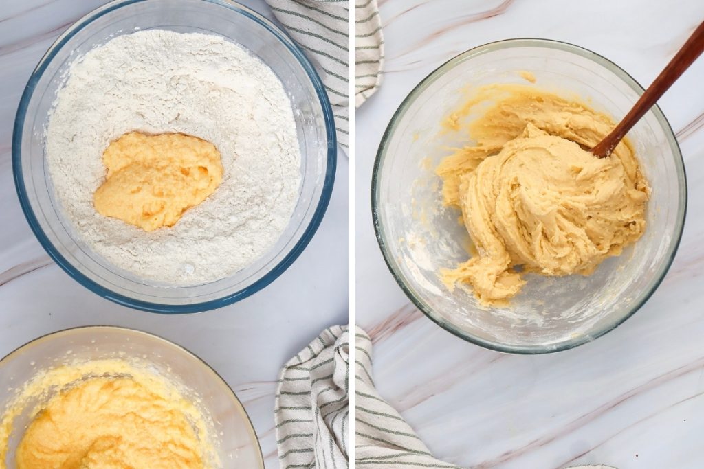Process image for making snickerdoodle bars - add dry ingredients to butter mixture, mixing until well combined