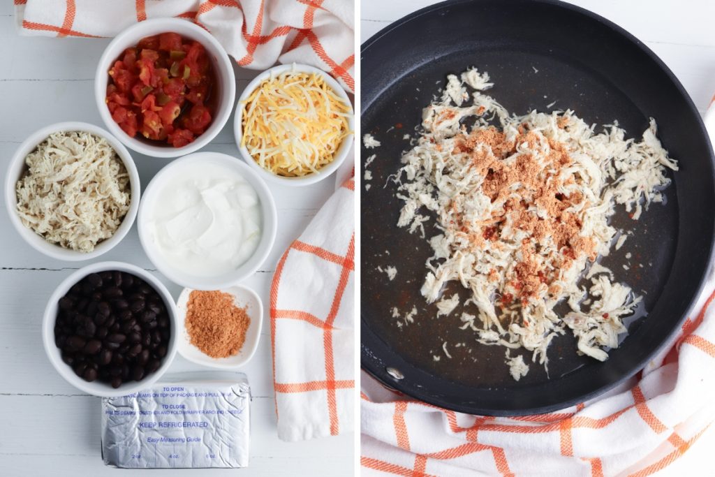 ingredients and first preparation steps for making a southwestern chicken dip