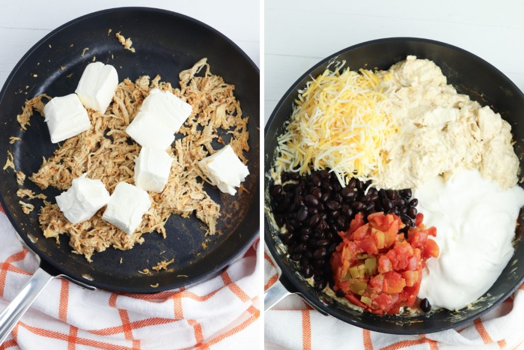 process steps adding ingredients to make southwestern chicken dip