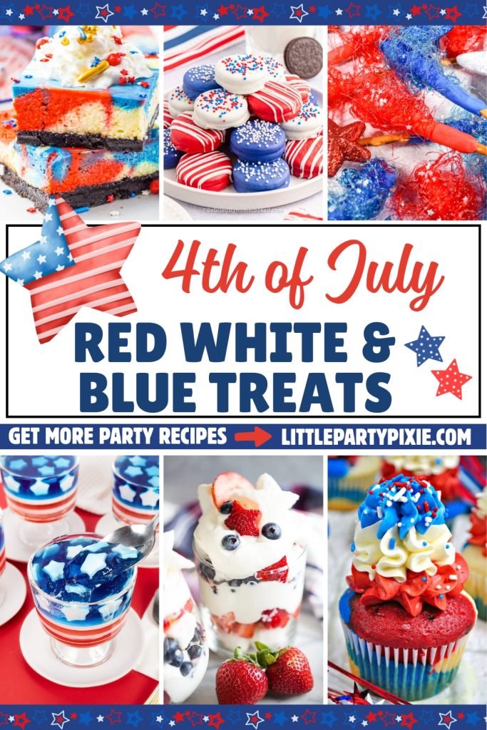 collage of images red white and blue food and drink recipes with text overlay 4th of July Red White and Blue treats