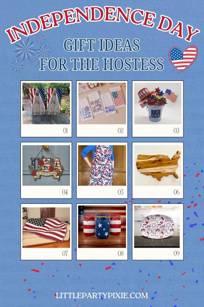 Images  in a boxed format showing 4 july gift ideas from etsy for Independence days hostess