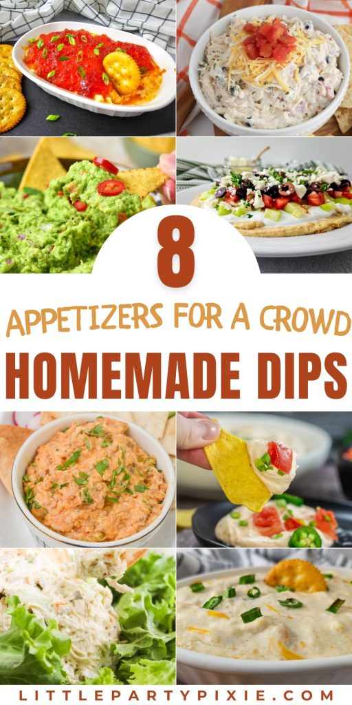 A colorful assortment of savory dips including guacamole, hummus, chicken salad, and cheesy spreads.