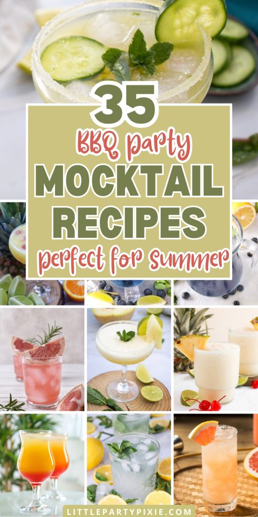 Collage of images summery mocktails with text overlay 35 BBQ Party Mocktail recipes perfect for summer 