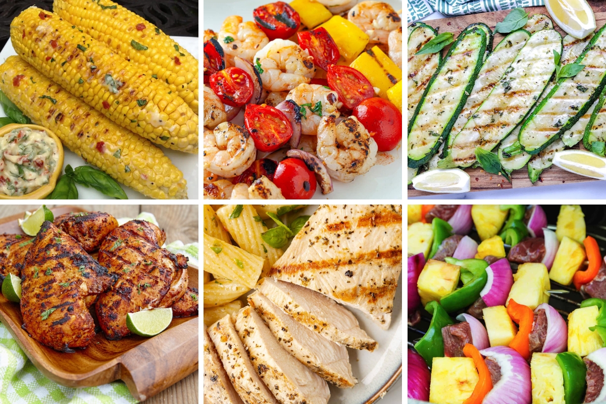 A collage of various meat and vegetable grilled recipes with corn, tomatoes, shrimp, chicken, etc.
