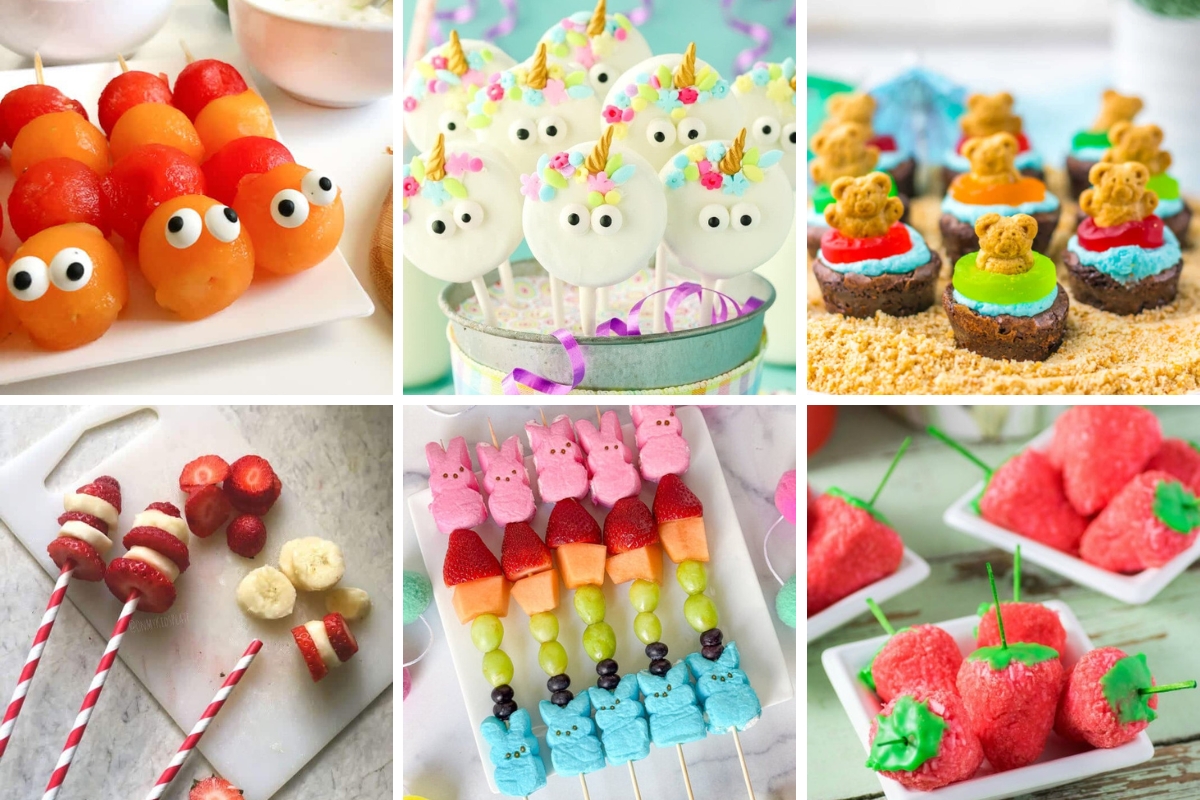 Colorful toddler party snacks including fruit skewers, unicorn pops, teddy bear treats, and marshmallow strawberries.