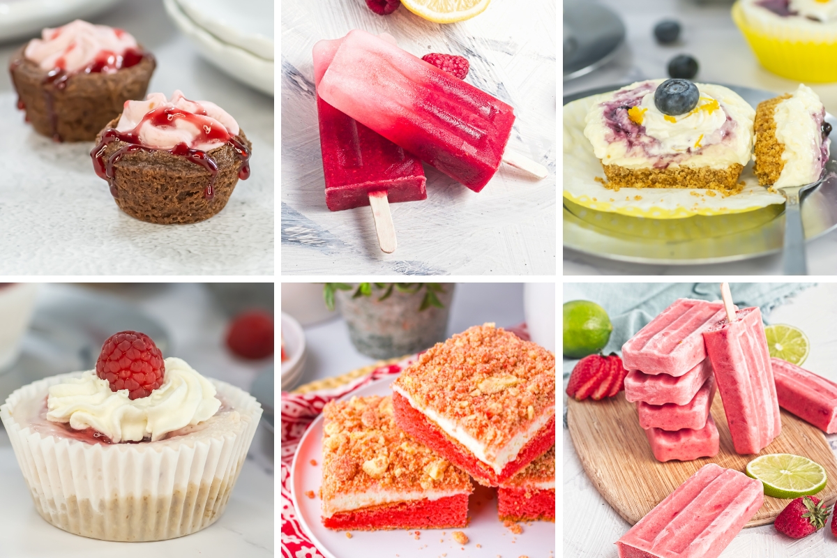 Assorted berry-flavored no bake desserts including popsicles, cheesecakes, and bars displayed on plates and boards.