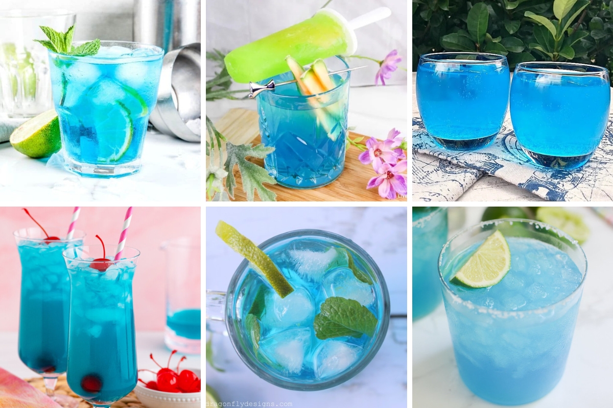 collage of image blue cocktail drinks