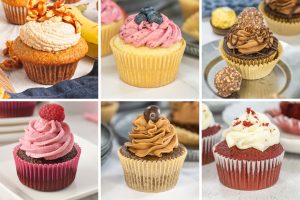 A colorful assortment of frosted cupcakes topped with berries, chocolates, and sweet decorative toppings.