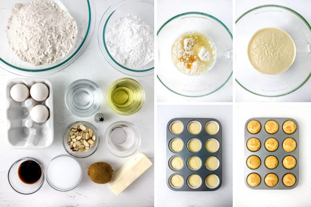 Ingredients and process image for making Almond Kiwi Cupcakes - making cupcake batter and baking