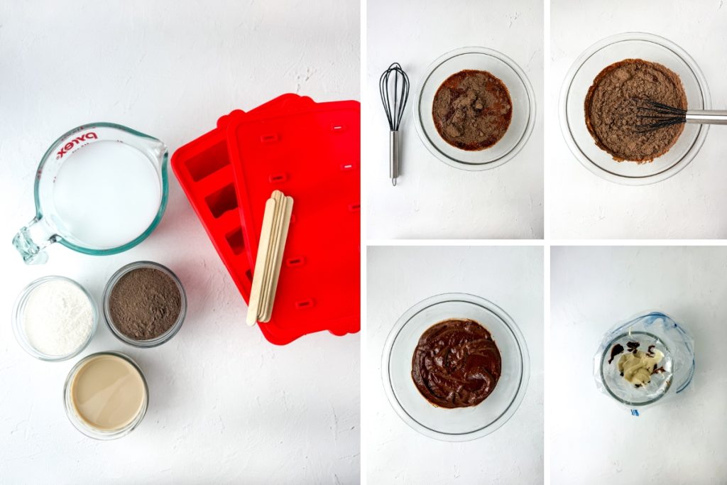 Ingredients and process image for making Baileys Pudding Popsicles