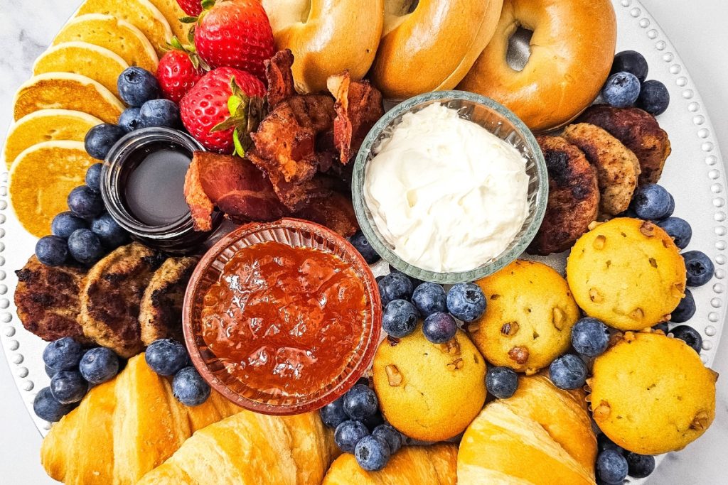 Image of finished brunch charcuterie board arranged on a platter