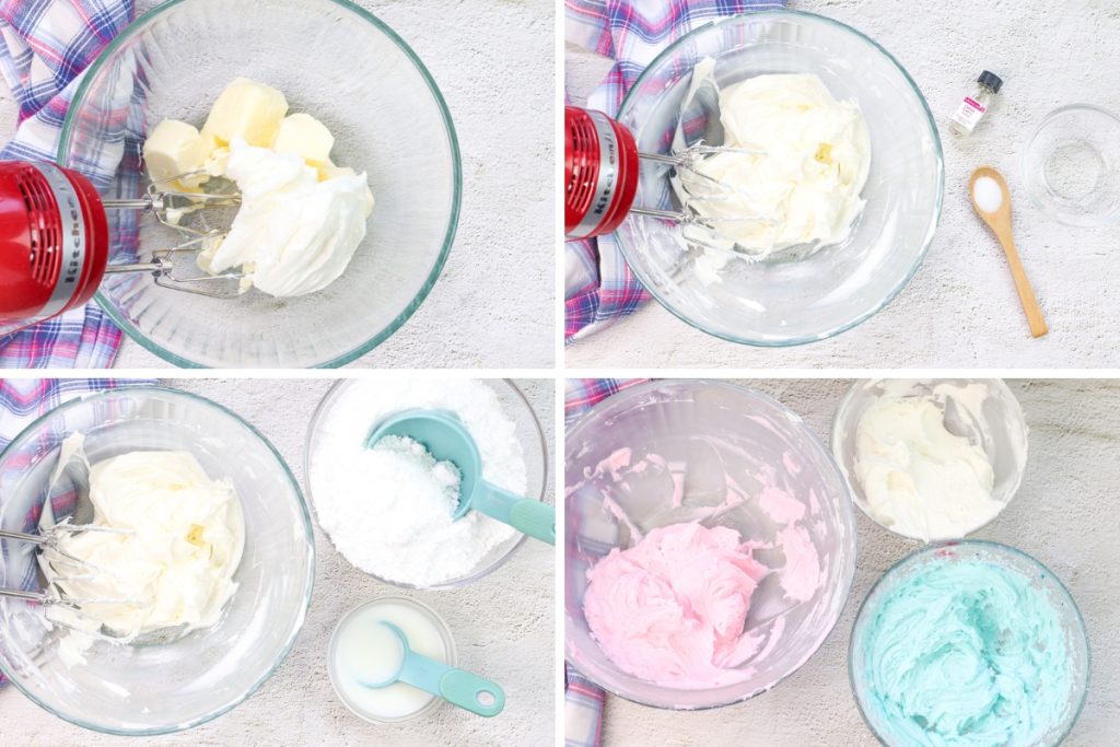 Process image for making Cotton Candy Cupcakes - making white, blue and pink frosting