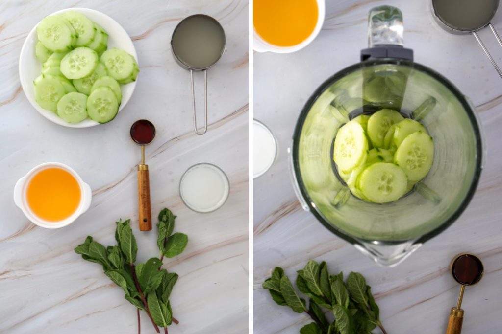 Ingredients and process image for making Cucumber Margarita Mocktail - blending cucumber slices to make cucumber puree