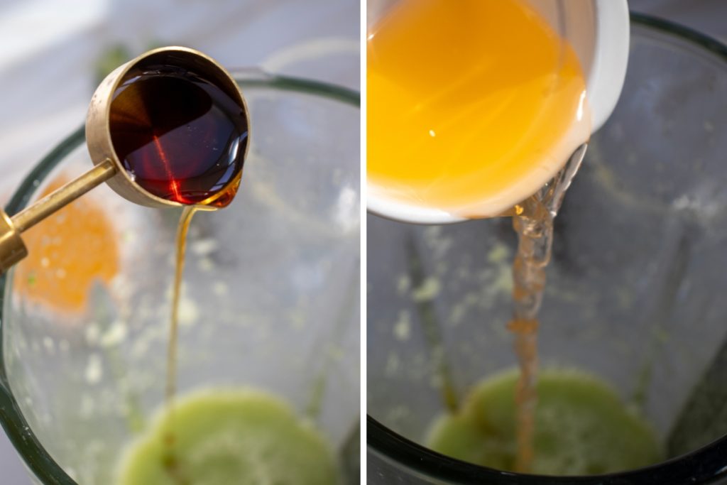 Process image for making Cucumber Margarita Mocktail - combining cucumber puree, lime juice, orange juice, and agave syrup or honey