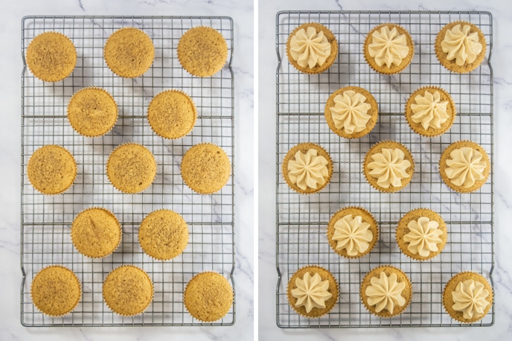 Process image for making espresso cupcakes - piping frosting on top of each cupcake