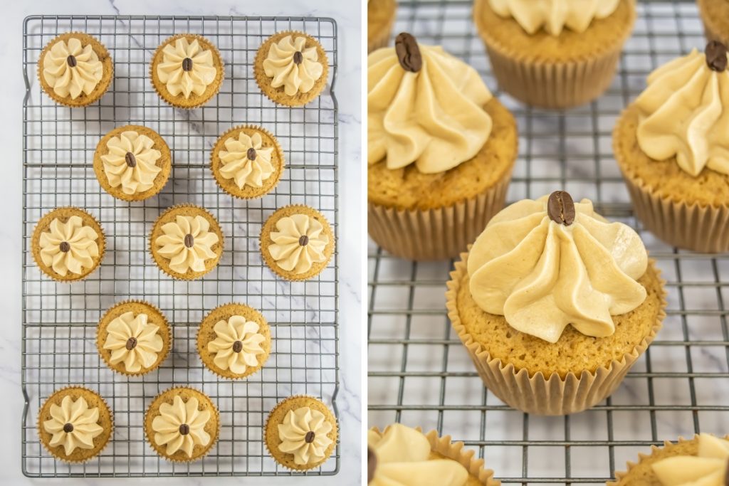 Process image for making espresso cupcakes - putting coffee bean on top of frosting to finish before serving