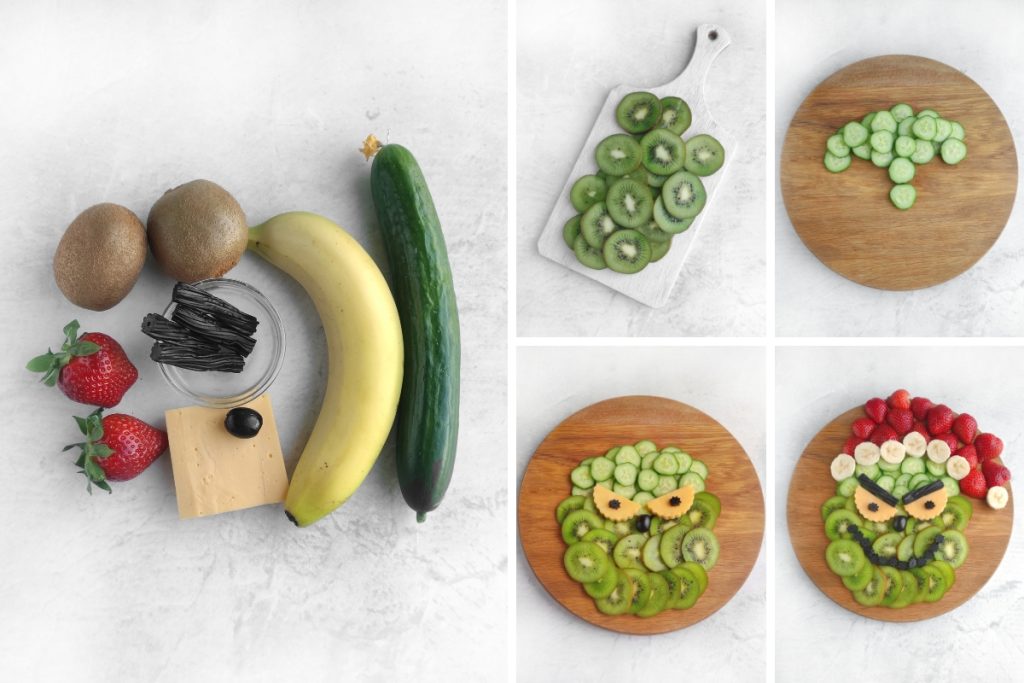 Ingredients and process image for making Grinch Charcuterie Board or fruit platter