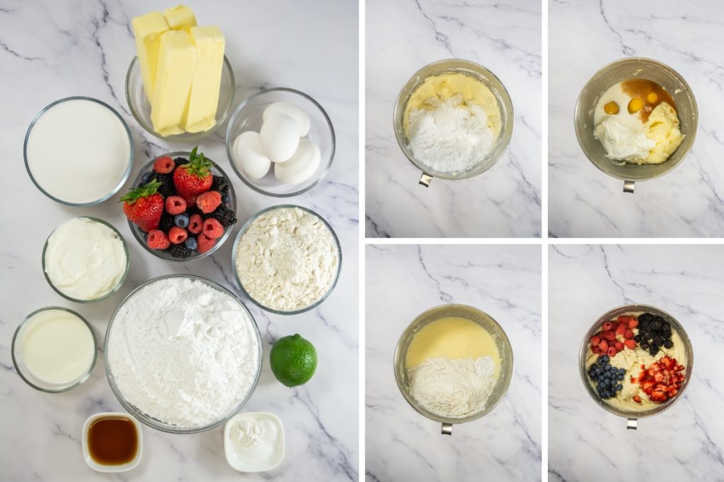 Ingredients and process image for making mixed berry cupcakes - making cupcake batter