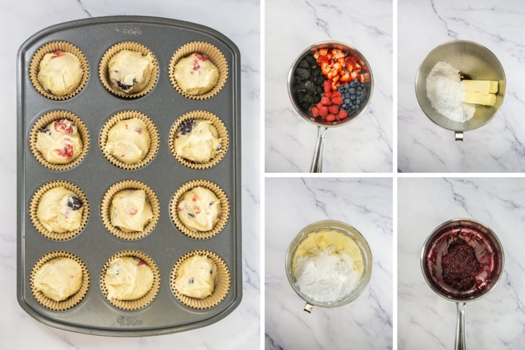 Process image for making mixed berry cupcakes - putting batter in cupcake liners and preparing frosting
