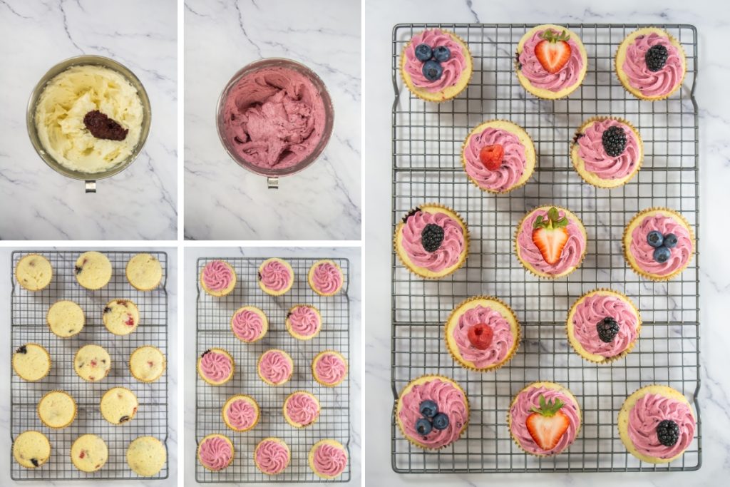 Process image for making mixed berry cupcakes - putting frosting and topping with mixed berries