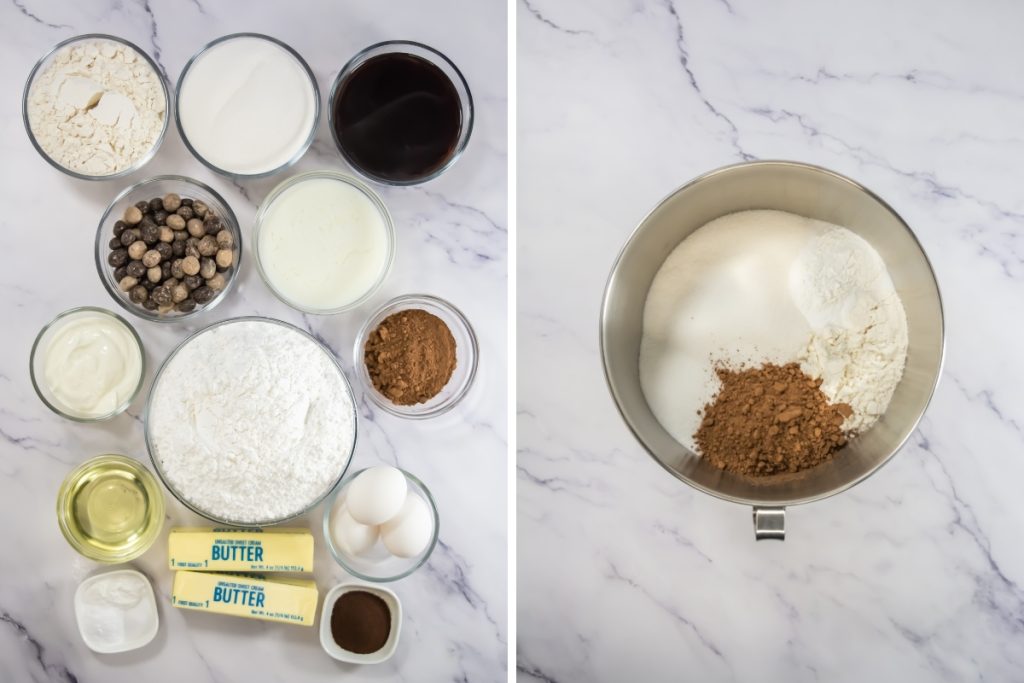Ingredients and process image for making mocha cupcakes - combine and whisk flour, sugar, cocoa, baking soda, baking powder and salt in stand mixer bowl