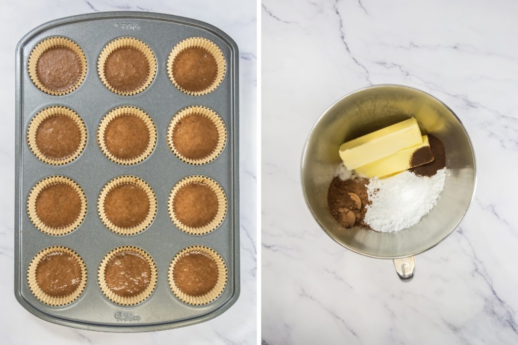 Process image for making mocha cupcakes - putting batter in cupcake liners and combining ingredients for frosting